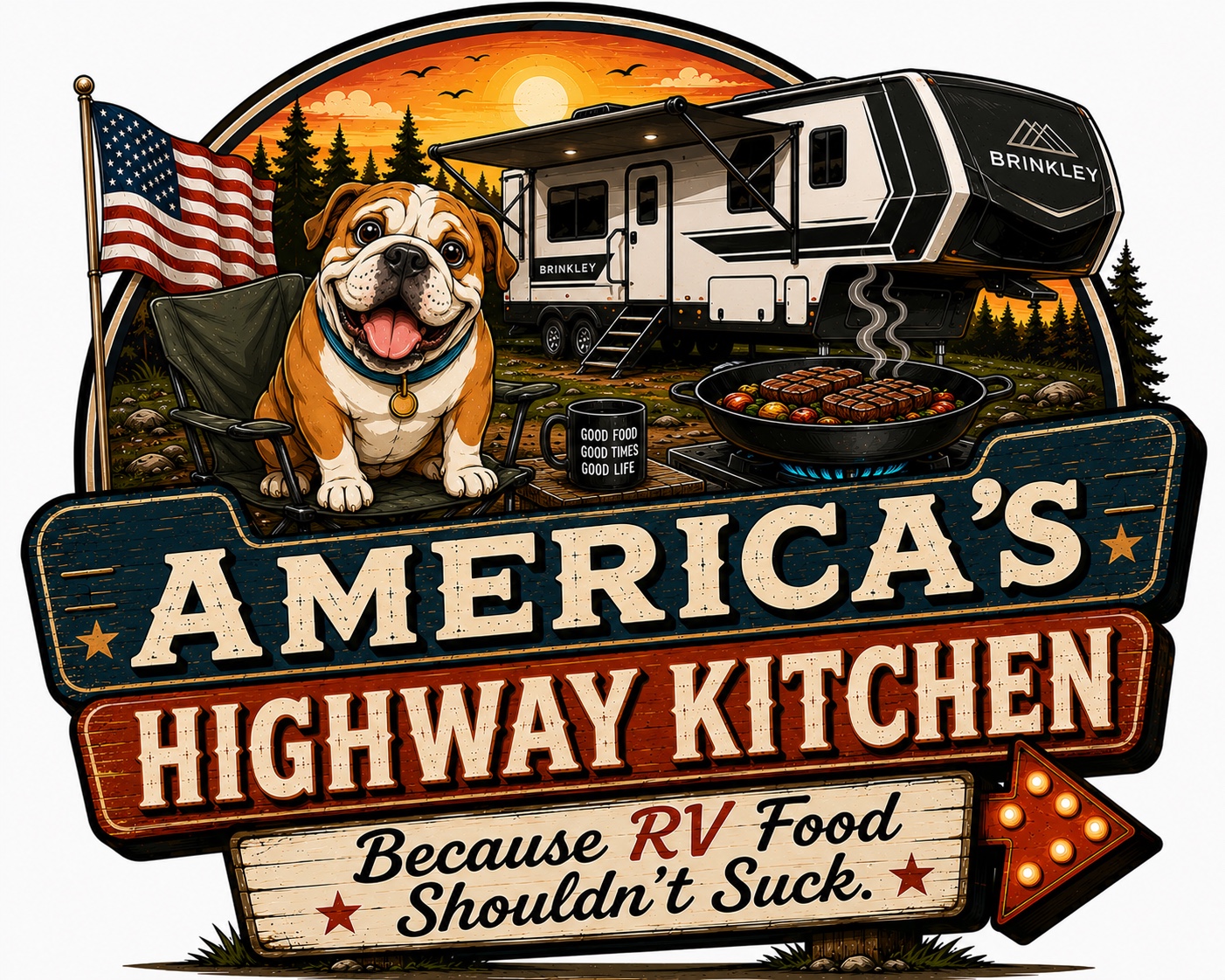 America's Highway Kitchen logo featuring a Brinkley fifth wheel, bulldog, American flag and outdoor cooking scene