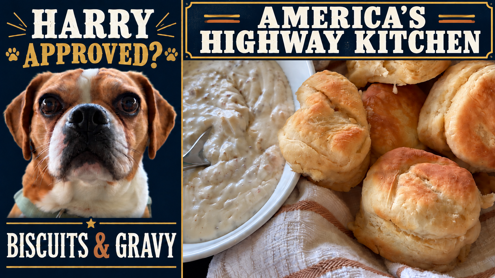 Harry beside biscuits and sausage gravy with America’s Highway Kitchen branding